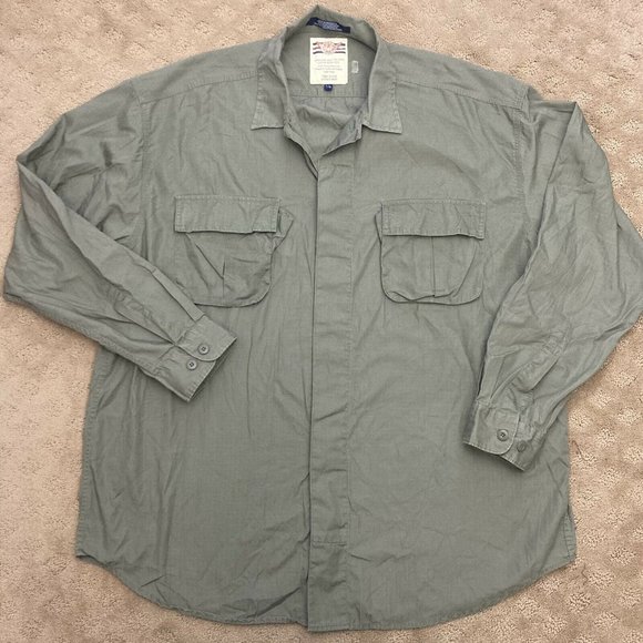 Tommy Hilfiger Ripstop Woven Army Olive Green Long Sleeve Button Up Shirt Large - Picture 1 of 5